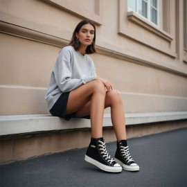 1pc Top Gun Maverick Print High-Top Sneakers - Breathable, Non-Slip, Durable Korean Version Casual Shoes with White Rubber Sole, Black & White Design, Lace-Up Closure, Round Toe, All-Season Comfort, Unisex for Men & Women, Everyday Footwear, Modern Sneakers, Fabric Upper