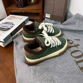 Women'S Fleece-Lined Warm Flat Skate Shoes, Lace-Up Snow Sports Shoes, Retro Minimalist Design, Low-Top Round Toe, Comfortable And Warm, Suitable for Daily Casual Wear in Autumn And Winter, Outdoor Hiking.