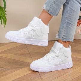 Women's White High-Top Sneakers - Glossy Synthetic Cover Upper, Arch Support & Cushioned EVA Sole, All-Season Round-Toe Lace-Up Ankle Boots for Casual, Office, Casual Attire - Comfortable & Versatile White Sneakers with White Laces, Minimalist White Design, All-Season Versatile Style, Ideal for Urban Commuting & Christmas Gifts (Hand Washable), Casual Footwear, Sleek Design, Breathable Fabric Lining, Durable Construction, Gift Shoppers, Office Professionals