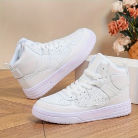 Women's White High-Top Sneakers - Glossy Synthetic Cover Upper, Arch Support & Cushioned EVA Sole, All-Season Round-Toe Lace-Up Ankle Boots for Casual, Office, Casual Attire - Comfortable & Versatile White Sneakers with White Laces, Minimalist White Design, All-Season Versatile Style, Ideal for Urban Commuting & Christmas Gifts (Hand Washable), Casual Footwear, Sleek Design, Breathable Fabric Lining, Durable Construction, Gift Shoppers, Office Professionals