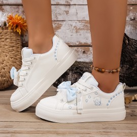 Women's Low-Top Sneakers - Lace-Up Shoes with Bow Accent, Synthetic Cover Upper & Non-Slip Rubber Sole - White & Pastel Blue Everyday Casual Shoes for Women - All-Season Fashion Footwear, Versatile Footwear, Playful Design, Comfortable Lining, Trendy Shoppers
