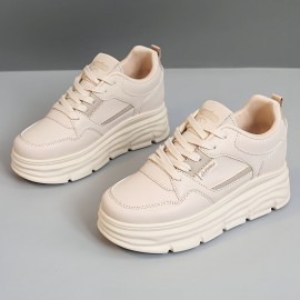 [Beige High-Top Sneakers] Beige Women's High-Top Lace-Up Casual Sneakers | Thick Platform Sole for Height Boost, Soft Synthetic Cover, Breathable Fabric Lining & Cushioned PVC Sole | Autumn Outdoor Comfort, Plus Sizes, Petite Women, Comfortable Walking, Minimalist Design, Durable Construction