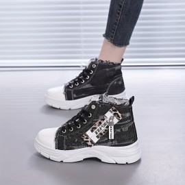 [Distressed High-Top Sneakers] Distressed High-Top Sneakers for Women | Fashion Casual Style, Thick Sole, Lace-Up Closure, All-Season Wear - Blue Jean Styl