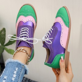 Women's Large Size Brogue Lace-Up Shoes - Vibrant Purple/Pink/Green/Black/Golden/Blue/Pinkish-Purple/Greenish-Purple, Round Toe Low-Top Ankle Boots with PU/PVC Sole, All-Season Casual & Formal Dress Shoes for Everyday & Special Occasions, Comfortable & Durable with EVA/Rubber Insole, PVC Lining, and Stylish Brogue Detailing for a Chic Look, Extra Wide Width Shoes for Women, Womens Casual Sneakers, Wide Fit Shoes for Women Plus Size, Coloured Sneakers for Women,