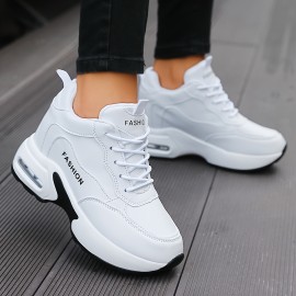 [White PU Sneakers] White PU Women's Sneakers | Breathable, Lace-Up, Low Top Athletic Shoes for Casual and Sporty Wear | Minimalist Design, Comfortable Footwear, Air Cushion Sole