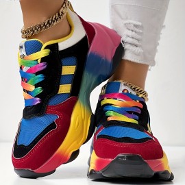 Women'S Bold Red to Gradient Sneakers - Lace-Up Low-Top Shoes with Thick Cushioned MD Sole, Breathable Fabric Upper - All-Season Everyday & Formal Shoes in Green, Yellow, Orange, Pink, Purple, Blue, Teal, - Non-Slip Outfit Staple for Women, Versatile Footwear, Vibrant Design, Comfortable Fit, Fashion Enthusiasts, Style Conscious Consumers, Small Clear Boxes & Packages, Clear And Transparent Boxes, Thick Cushioned Shoes, Multi Color Styles, Non