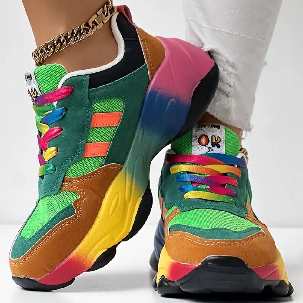 Women'S Bold Red to Gradient Sneakers - Lace-Up Low-Top Shoes with Thick Cushioned MD Sole, Breathable Fabric Upper - All-Season Everyday & Formal Shoes in Green, Yellow, Orange, Pink, Purple, Blue, Teal, - Non-Slip Outfit Staple for Women, Versatile Footwear, Vibrant Design, Comfortable Fit, Fashion Enthusiasts, Style Conscious Consumers, Small Clear Boxes & Packages, Clear And Transparent Boxes, Thick Cushioned Shoes, Multi Color Styles, Non