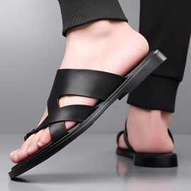 [Summer Sandals] Lightweight & Comfortable Men's Casual Summer Sandals - Black Synthetic Slip-On Flat Shoes with Cross Straps