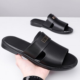 LL25222 Men's Stylish Black Slip-On Sandals - Super Fiber Synthetic, Round Toe, Rubber Sole, Summer Casual Comfort for Casual Attire