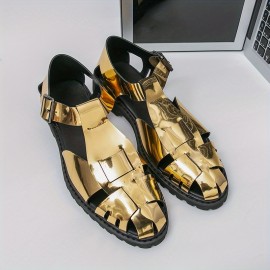 [Golden Dress Sandals] Metallic Golden Men's Business Casual Open-Toe Sandals | Adjustable Buckle Straps, Slip-On Synthetic Dress Shoes for Office, Semi-Formal & Streetwear - Breathable Rubber Sole, Summer Spring Formal Footwear