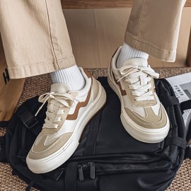 Men's Skate Shoes - Low-Top Sneakers Beige/White colorway, PU/Fabric Upper & Cushioned EVA Sole for Skateboarding, Streetwear, Everyday - Lace-Up Closure, All-Season Casual Shoes for Men, Roller Skate Shoes, Streetwear Footwear, Modern Roundtoe, Fabric Interior Lining