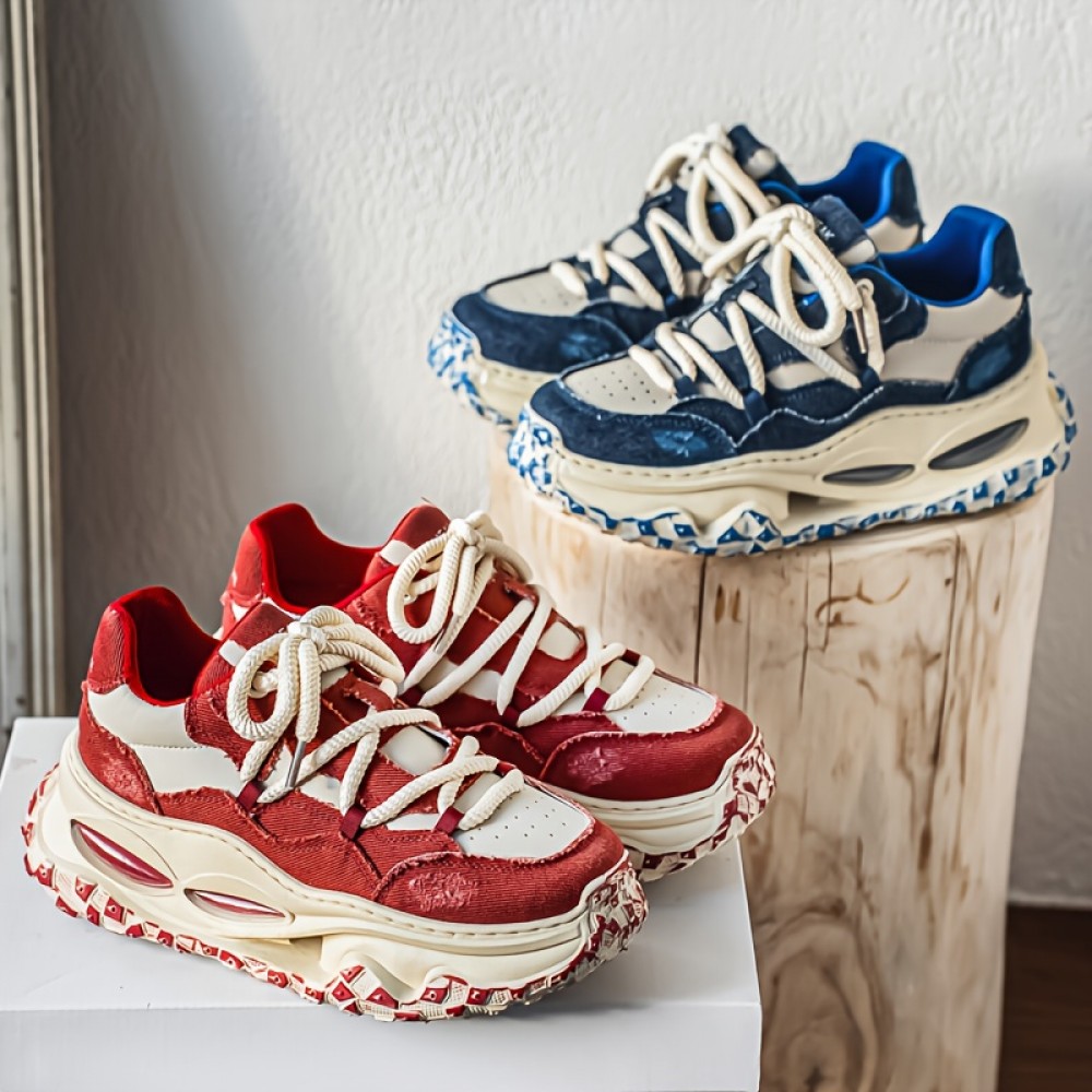 Four Seasons New Men's Low-Top Thick Sole Minimalist Fashionable Versatile Breathable Mesh Casual Sneakers, Outdoor Walking, Style, Sleek Style, Fashionable Shoes, Durable Material, Comfortable Fit, Round Toe, Laceup Sneakers, College Students, Urban Style