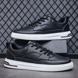 Men's Classic Low-Top Casual Sneakers - Black & White, Striped Design, Durable PU Material with Non-Slip Rubber Sole, Lace-Up Closure for Casual Attire, Street Style, and Outdoor Activities, Spring Summer, Simple Board Shoes
