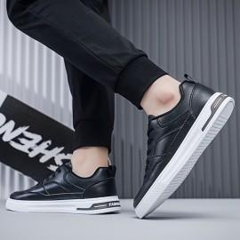 Men's Classic Low-Top Casual Sneakers - Black & White, Striped Design, Durable PU Material with Non-Slip Rubber Sole, Lace-Up Closure for Casual Attire, Street Style, and Outdoor Activities, Spring Summer, Simple Board Shoes