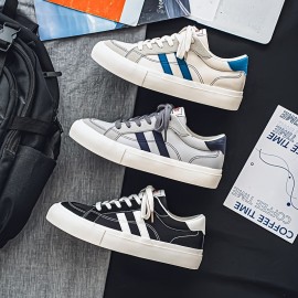 Men'S Summer Low-Top Casual Sneakers - White & Navy Blue Striped Design, Breathable Fabric Lining, Durable Faux Sole, Lace-Up Round Toe for Casual Attire, Streetwear Shoes | Stylish Stripes | Comfortable Fit