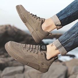 Men's Lace-Up Skate Shoes - Thick Cushioned Sole, Durable PU Upper & Rubber Outsole, All-Season Low-Top Casual Sneakers in Khaki for Outdoor & Daily Wear