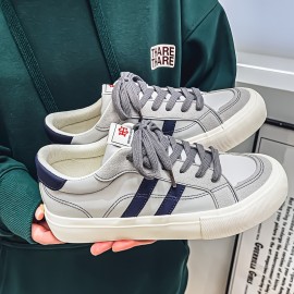 Men'S Summer Low-Top Casual Sneakers - White & Navy Blue Striped Design, Breathable Fabric Lining, Durable Faux Sole, Lace-Up Round Toe for Casual Attire, Streetwear Shoes | Stylish Stripes | Comfortable Fit