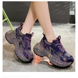 Women's Rhinestone-Encrusted -Style Chunky Platform Sneakers - Height-Increasing Thick-Soled Rhinestone-Toe & Heel, Round-Toe Casual s (Purple) | All-Season /PVC/Rubber for Parties, Prom, Casual Attire - No-Washable