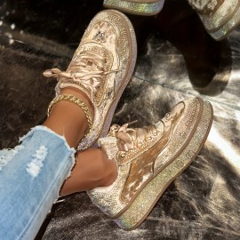 Women'S Glittery Low-Top Sneakers - All-Season Lace-Up Shoes with Sparkling Accents, Breathable Fabric Upper & Durable Rubber Sole for Casual Outdoor Wear, Ladies Sneakers