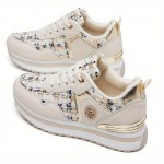 [Desai Women's Sneakers] Desai Women's Chic White & Golden Embellished Sneakers - PU & Fabric Upper, Thick Cushioned PVC Sole, Lace-Up Low-Top Casual Shoes for All-Season Comfort, Ladies Sneakers, Comfortable Footwear, Durable Footwear