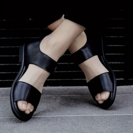 [Breathable Summer Sandals] Men's Genuine -like Strap (Second-Layer Cowhide) Adjustable Hook-and-Loop Sandals - Black Cushioned PU Insole & Non-Slip Rubber Sole - Breathable Summer Beach for Casual, Pool, Walking - Round-Toe Dress Sandals (No Laces)