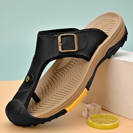 [Stylish Slide Sandals] Stylish Men's Summer Slide Sandals | Anti-Slip Soft Sole with Buckle Straps, Comfortable PU Upper & Rubber Sole for Outdoor Wear, Slipresistant Footwear, Textured Strap Pattern, Durable Traction Footwear