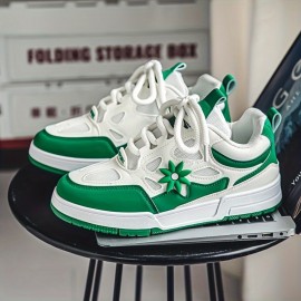 [Trendy Sneakers] Stylish Black & Yellow Men's Fashion Floral Contrast Sneakers | Low-Top Skate Shoes with Thick Lace-Up, Comfortable Rubber Sole for Casual and Outdoor Wear