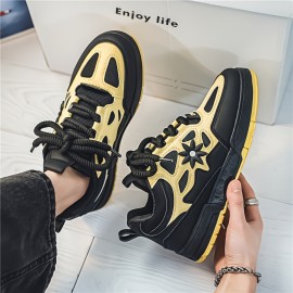 [Trendy Sneakers] Stylish Black & Yellow Men's Fashion Floral Contrast Sneakers | Low-Top Skate Shoes with Thick Lace-Up, Comfortable Rubber Sole for Casual and Outdoor Wear