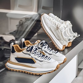 Men's Summer Casual Sneakers - Breathable Low-Top Lace-Up Shoes with Thick Cushioned Sole, White & Navy Blue Letter Print Design, PU/Fabric Upper & Outsole for Outdoor, Daily Wear & Street Style, Outdoor Sneakers, Fabric Lined Interior, Minimalist Design, Durable Construction, Active Lifestyle